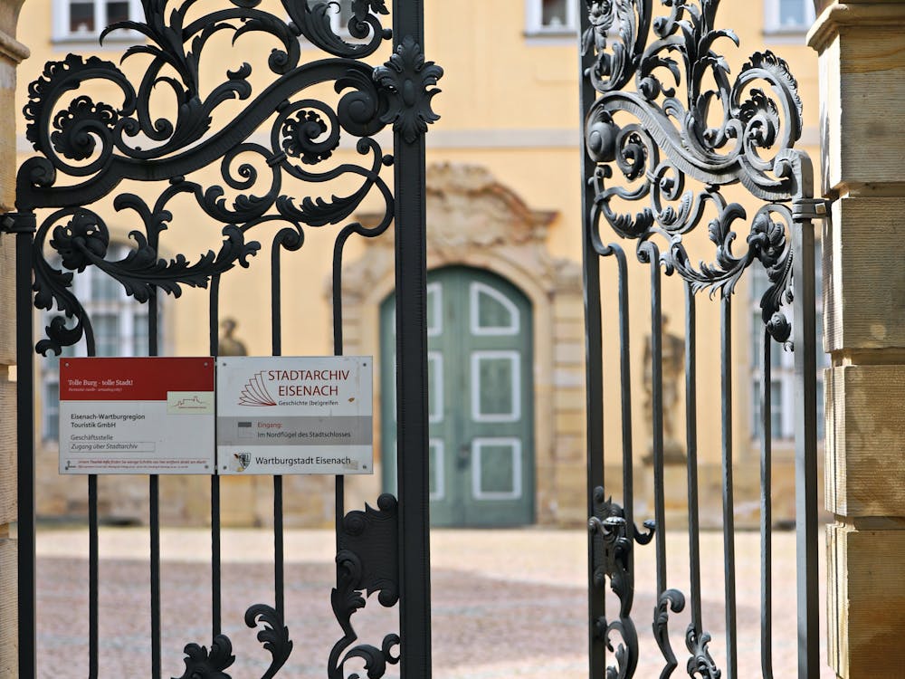 Decorative iron gate at courtyard entrance