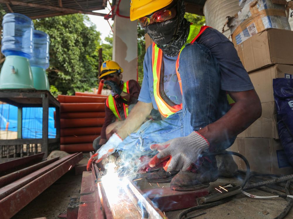 Structural steel welding on construction site